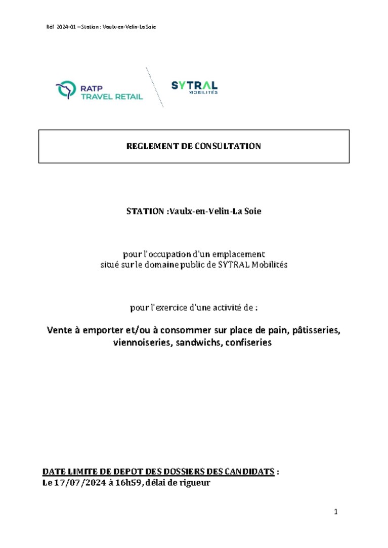 Règlement de consultation - activité de "Vente de pain, pâtisseries, viennoiseries" / Station Vaulx-en-Velin La Soie