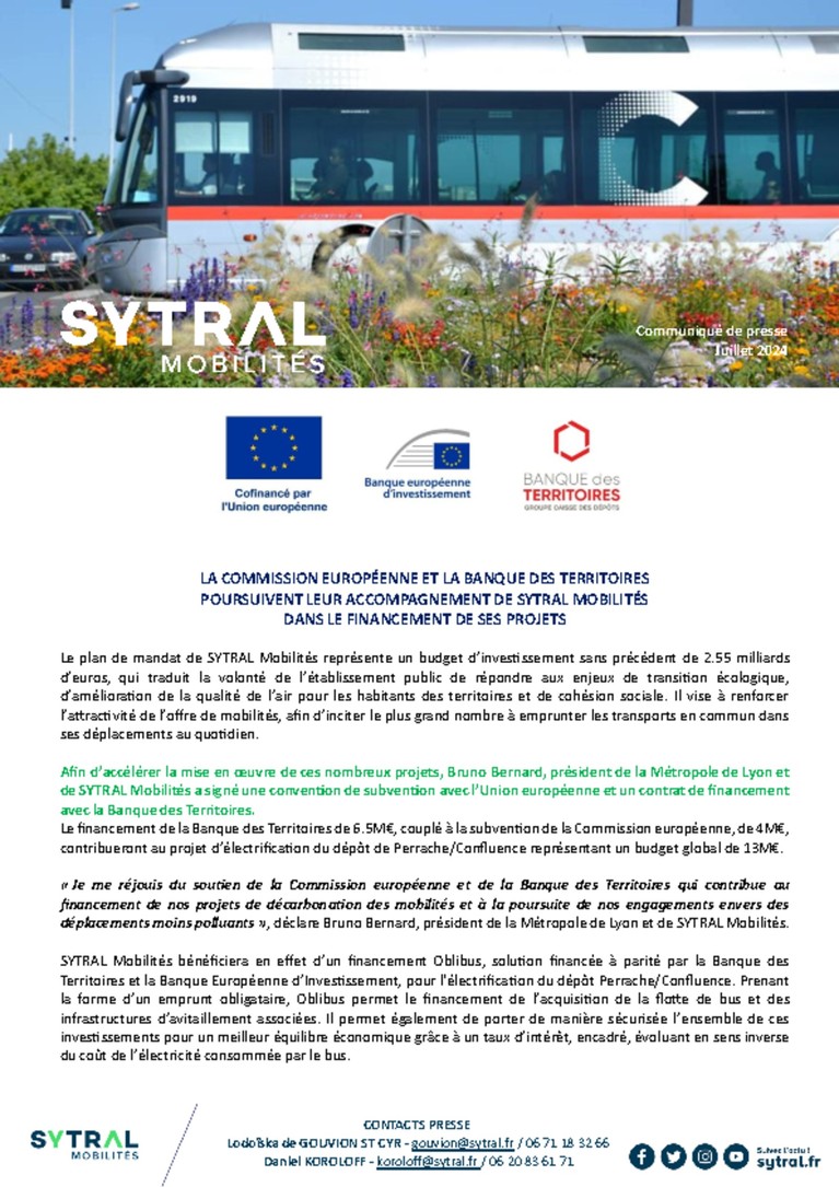 La commission européenne et la banque des territoires poursuivent leur accompagnement de SYTRAL Mobilités dans le financement de ses projets
